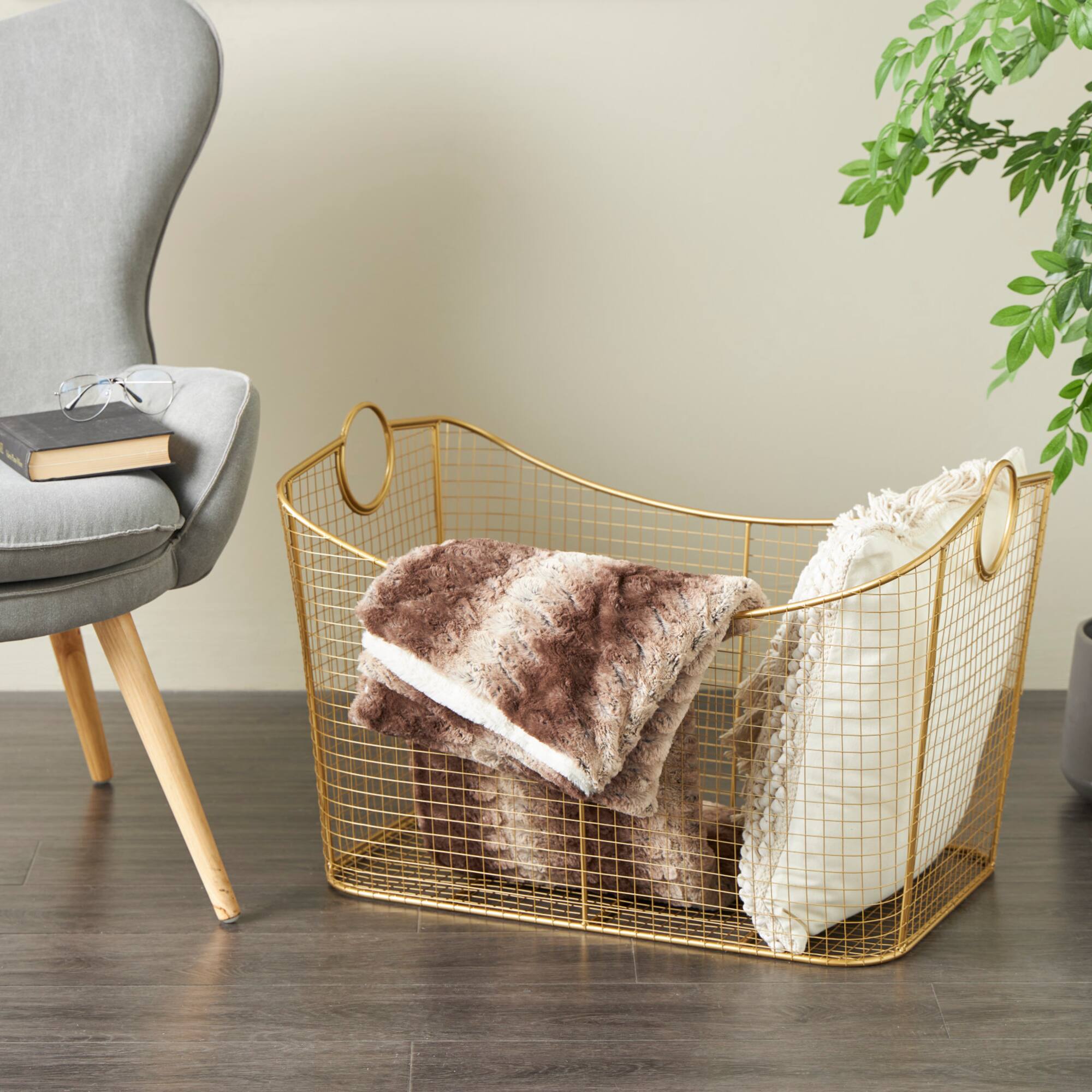 30.25" Gold Metal Geometric Wire Grid Basket with Curved Sides & Ring Handles